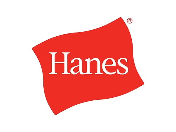 Hanes logo, white text with a red background