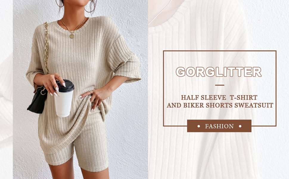 GORGLITTER Women''s 2 Pcs Lounge Set 3/4 Sleeve Crew Neck T-Shirt and Biker Shorts Sleepwear