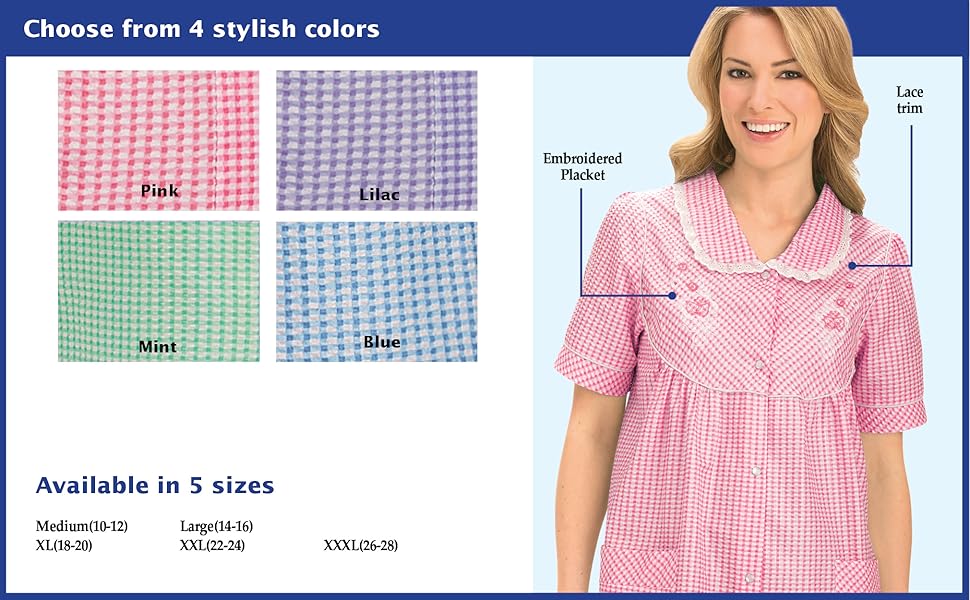 Gingham Robe button front pink lilac purple mint green blue floral lace trim