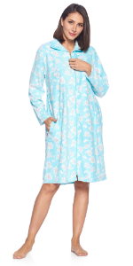 Floral Print Long sleeve nightgown sleep shirt dress zipper front duster house dress sleepwear