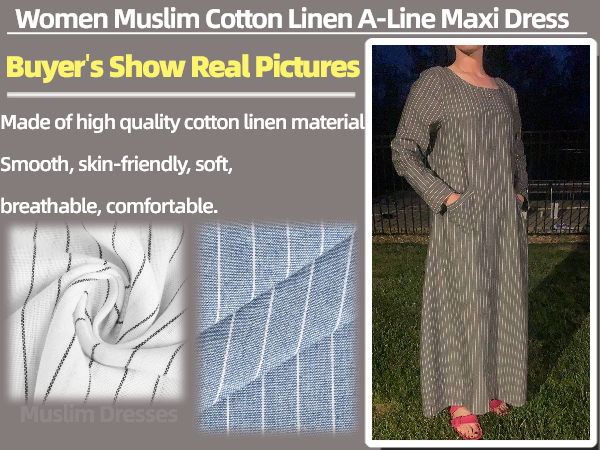 Ladies Conservative Abaya Dress Stripe Cotton Linen Dress Prayer Clothes