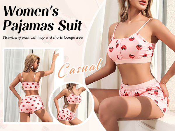 S-3XL Womens Summer Strawberry Print Cami Top and Shorts Sleepwear Pajamas Set