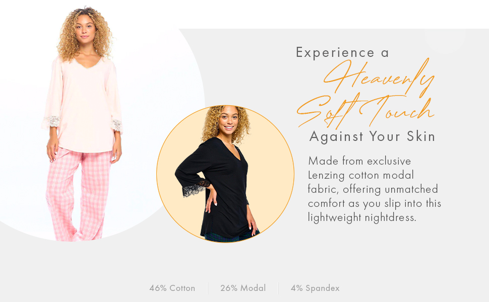 Lux Cotton Long Sleeve Nightshirt Loose Fit Lightweight Nightdress with Lace for Ladies Women