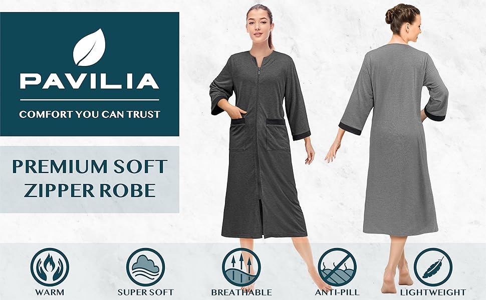PAVILIA Women Zipper Robe, Loungewear Dress Lightweight Sleepwear Housecoat Nightgown Long Bathrobe