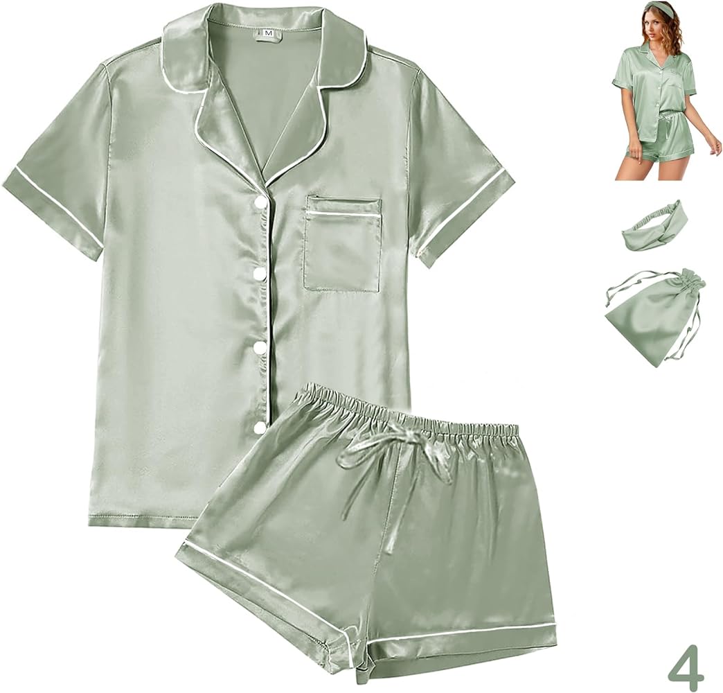 4Pcs Womens Satin Silky Pajama Sets Short Sleeve Shirt XS-4XL Floral Pajamas Set Soft PJ Loungewear Sleepwear