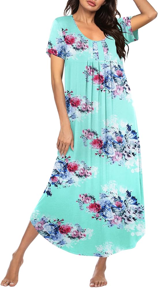 Ekouaer Long Nightgowns for Women Pleated Sleepwear Short Sleeve House Dress Full Length Loungwear S-3XL