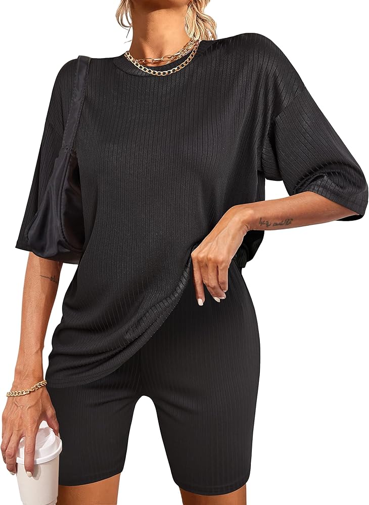Ekouaer Pajamas 2 Piece Lounge Sets Ribbed Knit Matching Outfits T-shirt Biker Shorts Sleepwear Loungewear Sweatsuits