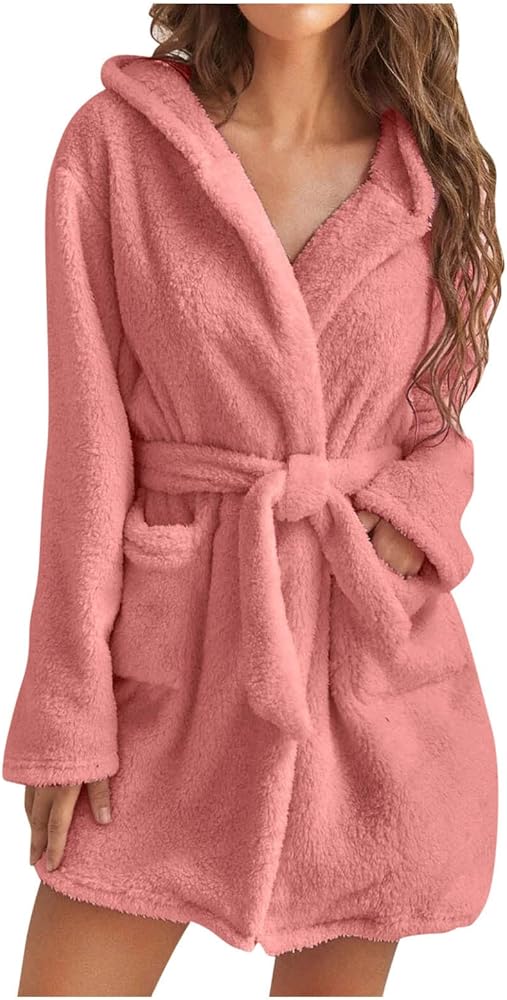 Towel Robe for Women Hooded Pjs Lightweight Terry Cloth Bathrobe Bath Gown Soft Ladies Belted Bathrobe with Pockets