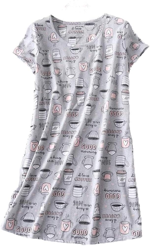 PNAEONG Women's Cotton Nightgown Sleepwear Short Sleeves Shirt Casual Print Sleepdress
