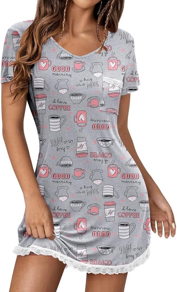 Ekouaer Women's Nightgown Sleepwear Soft Sleepshirt Short Sleeve Lace Trim Nightshirt Sexy Pajama Dress