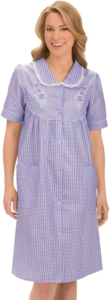Collections Etc Gingham Robe with Floral Accents, Snap-Front Closure and Lace Trim
