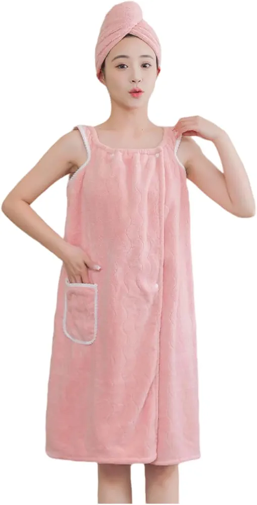 2PCS Women's Shower Wrap Robe +Hair Towel,Terry Cloth Spa Wraps Bath Towel Wrap Sets, Coral Velvet Bath Skirt Wrap Around Towel(Pink)