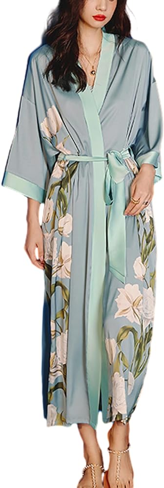 Silk Satin Robe for Women Summer Lightweight Japanese Kimono Robe Long Bathrobe Soft Luxury Bridesmaid Robe