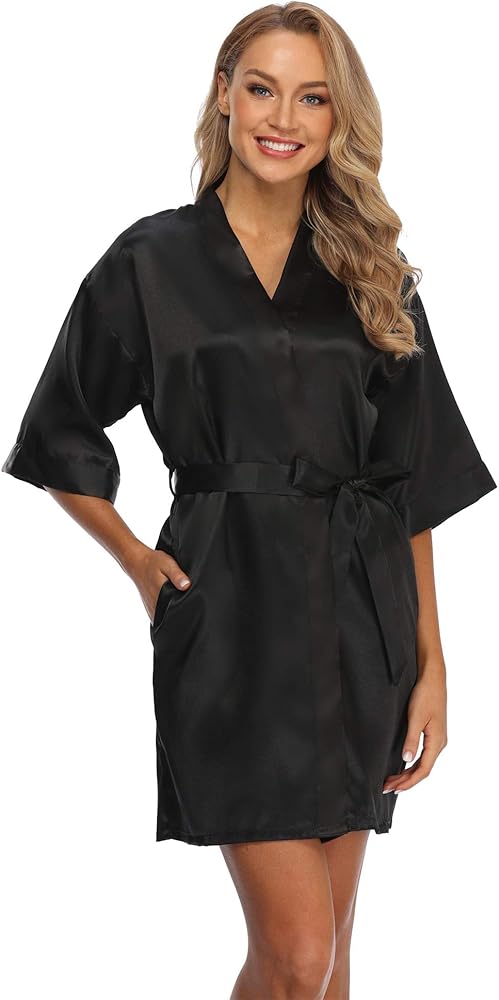 Women's Short Satin Kimono Robe, Solid Color Silk Bathrobe, Wedding Party Bride & Bridesmaid Robes