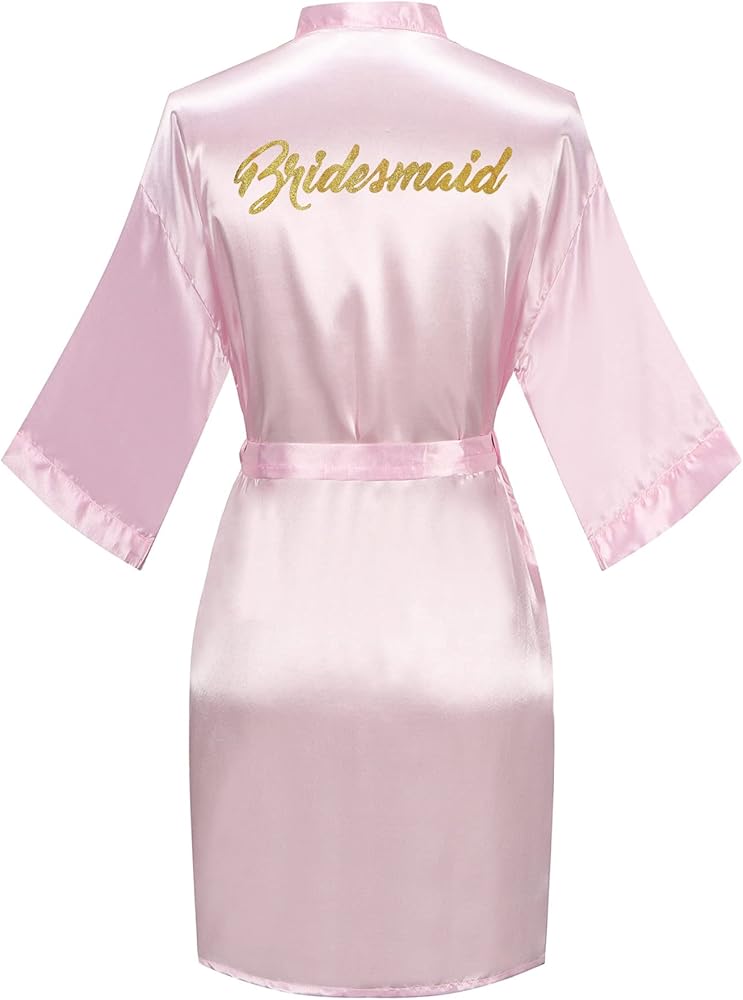 Women's Satin Short Robe Bride Bridesmaids Kimono Weddng Day Robes Getting Ready Bridal Shower with Lettering
