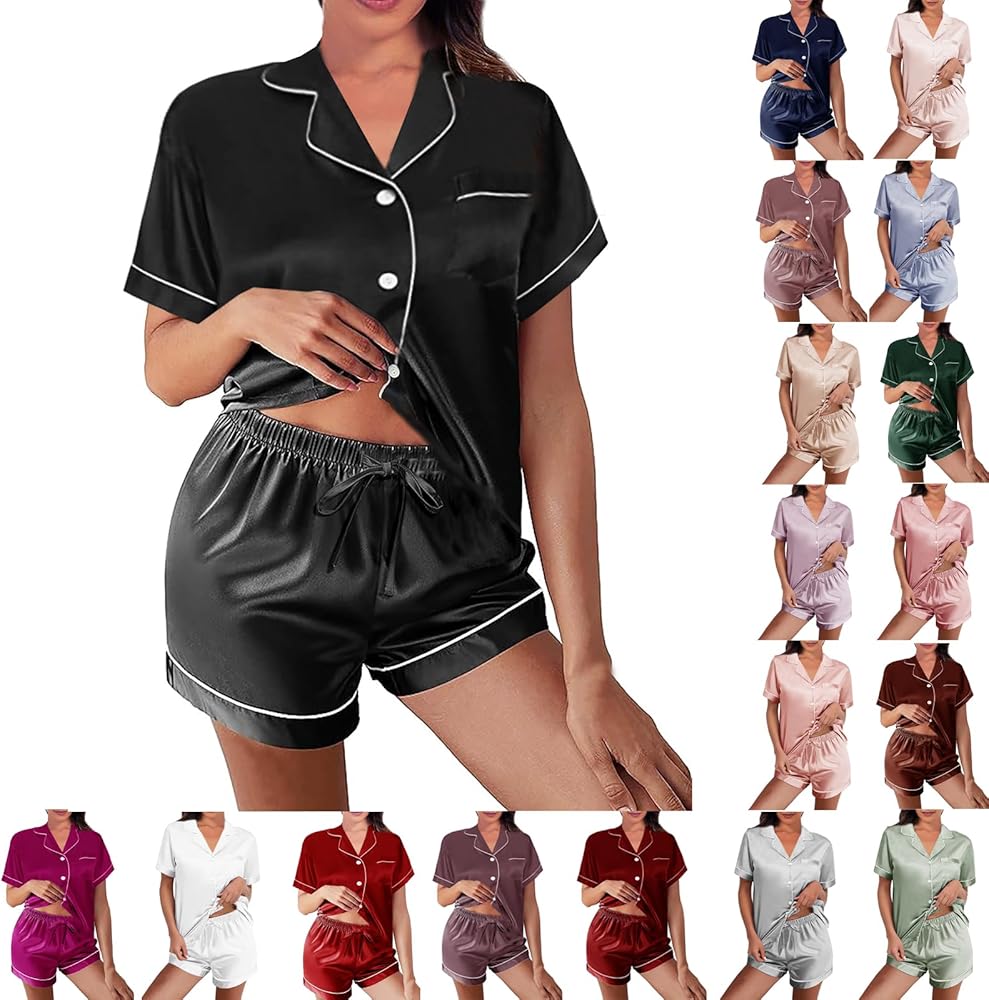 Womens Silk Satin Pajamas Loungewear Two-Piece Sleepwear Button-Down Floral Pj Set XS-4XL