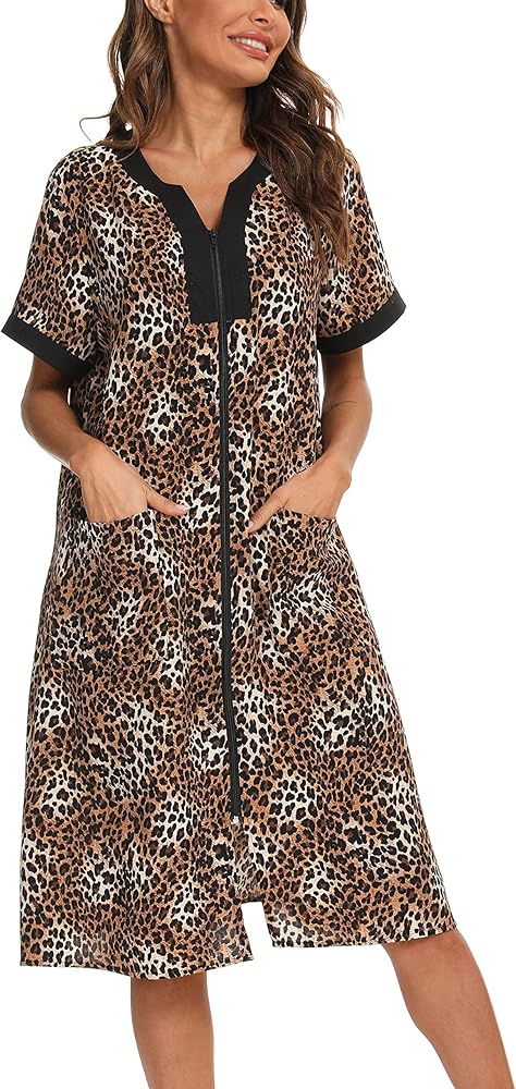 YOZLY House Dresses for Women Zipper Front Housecoat Lightweight Duster Robe with Pockets