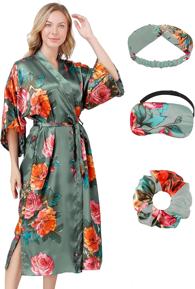 Women Long Silky Robes Set with Hair Band Eye Mask Hair Ring Bride Bridesmaid Bridal Party Loungewear
