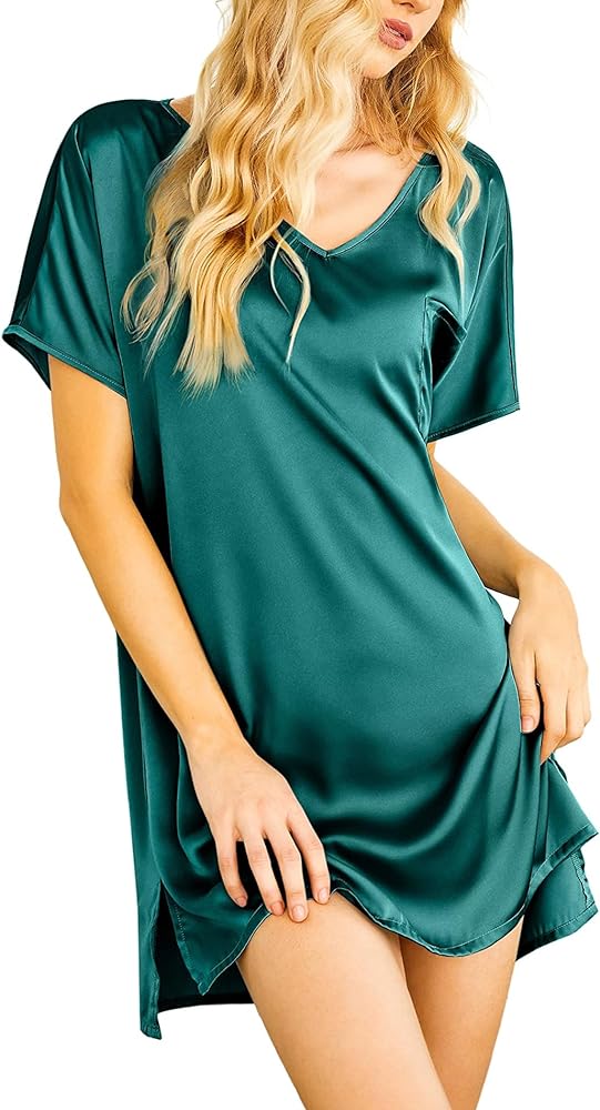 Ekouaer Women's Satin Nightgowns V Neck Side Split Sleepshirt Short Sleeves Sleepwear Chest Pocket Nightshirt S-XXL