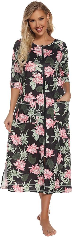 Veseacky Women Robe Zipper Front House Coat 3/4 Sleeve Nightgown Full Length Ladies Lounge Dress with Pockets S-XXL