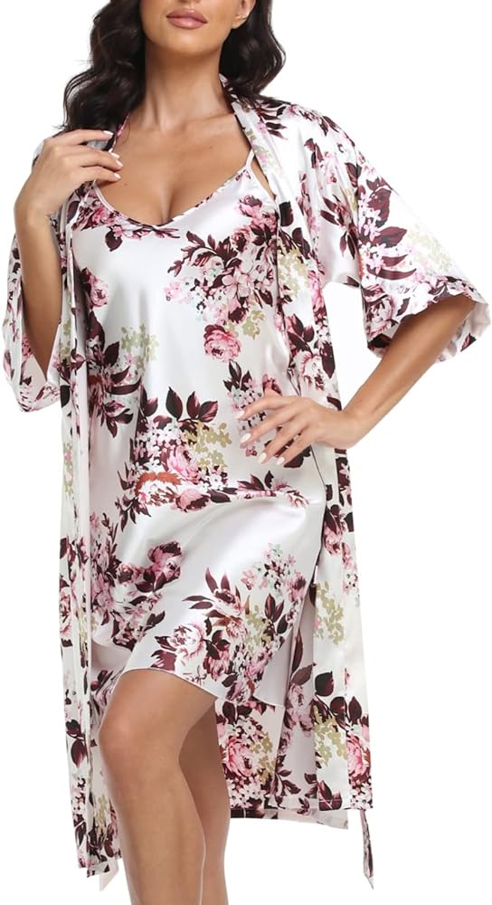 Women's Satin Robe Sets 2 Piece Nightgown Silk Pajama Sexy Floral Lingerie Lace Cami Sleepwear Night Robes