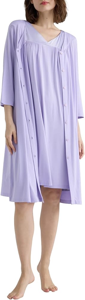 Latuza Women's Viscose Nightgown and Robe Set Button Front Housecoat