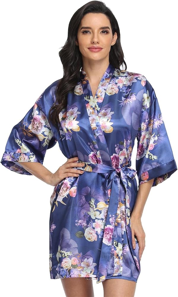 season dressing Women's Floral Satin Kimono Robes Bridesmaid and Bridal Short Silky Robe Sleepwear for Wedding Party
