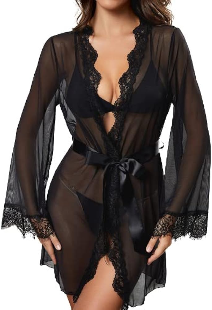 WDIRARA Women's See Through Lace Trim Long Sleeve Belted Short Sheer Robe Kimono