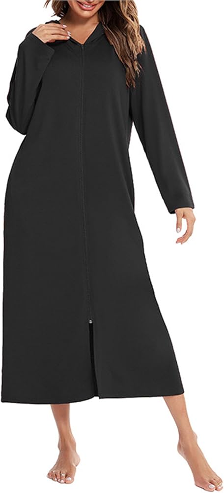Womens Hooded Zipper Bathrobe Long Sleeve House Coat Full Length Nightgown with Pockets