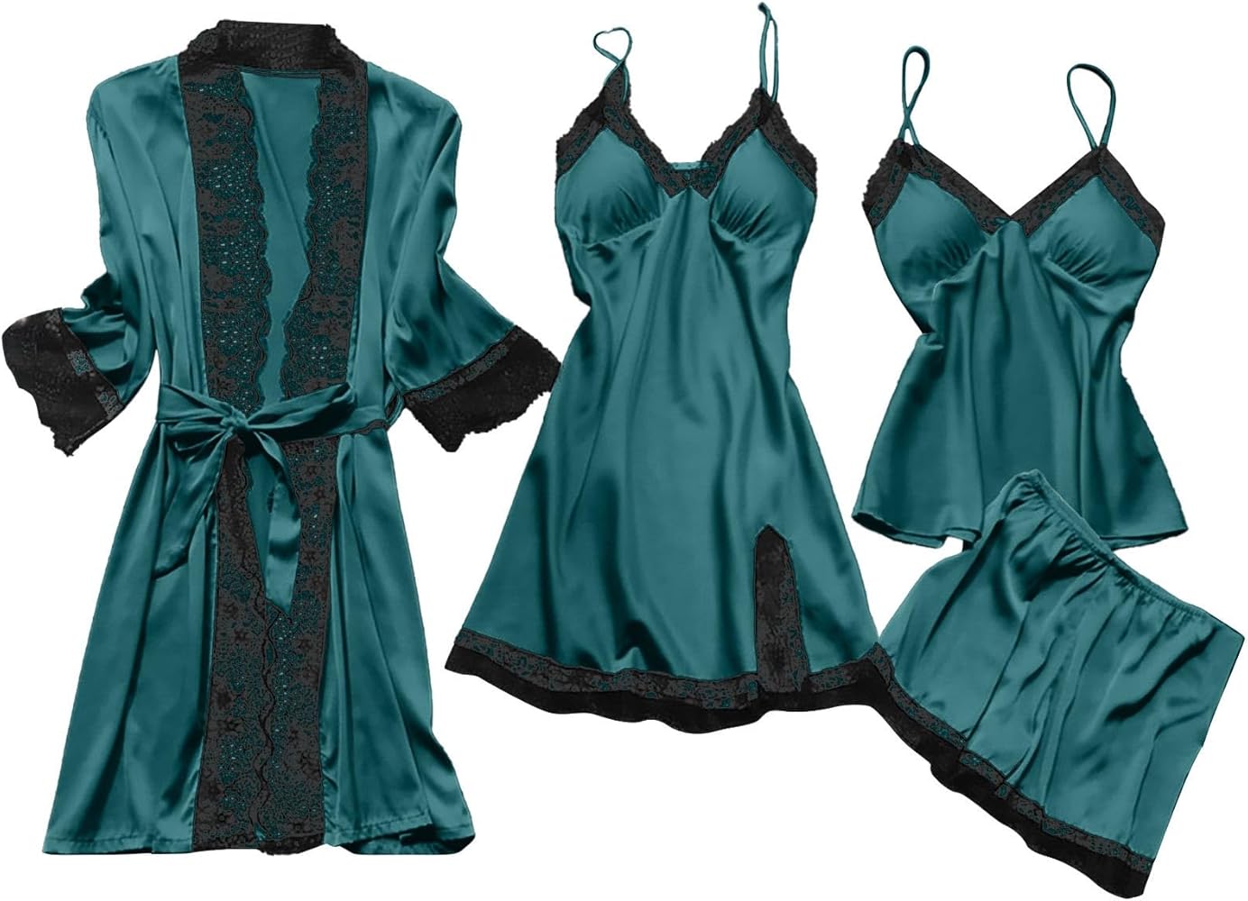 Women's 4PCS Silk Pajama Set Sexy Matching Satin Night Gowns Silky Sleepwear Soft Satin Loungewear Lingerie Pjs Set