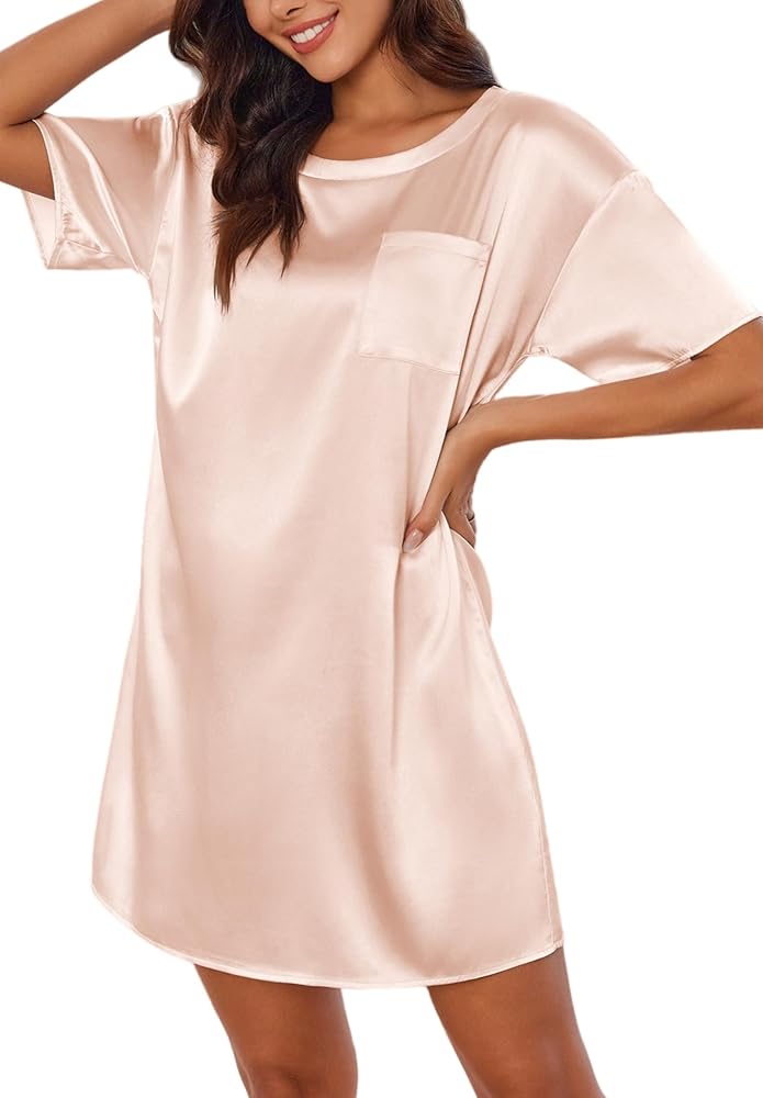 Ekouaer Silk Sleep Shirts for Women Satin Nightshirt Tshirt Nightgown Sleepwear Shirt Dress With Chest Pocket S-2XL