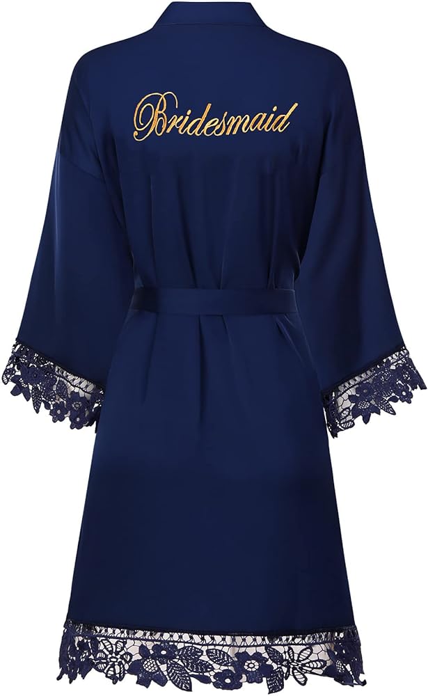 Women's Lace Trim Bride Bridesmaid Robes Silk Like Bridal Party Robes for Wedding Robes, Embroidered Satin Kimono