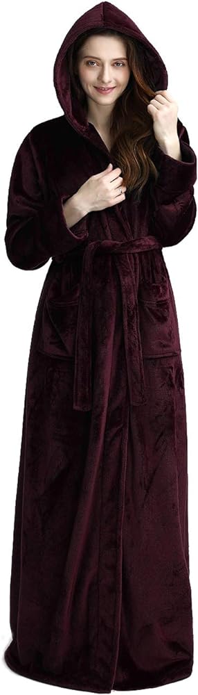 iCREAT Womens Long Hooded Bathrobe Fleece Full Length Bathrobe with Hood Winter Sleepwear