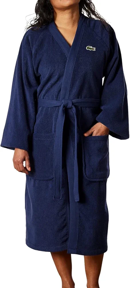 Lacoste Classic Pique 100% Cotton Bath Robe for Men & Women, One Size Fits Most, Black Iris