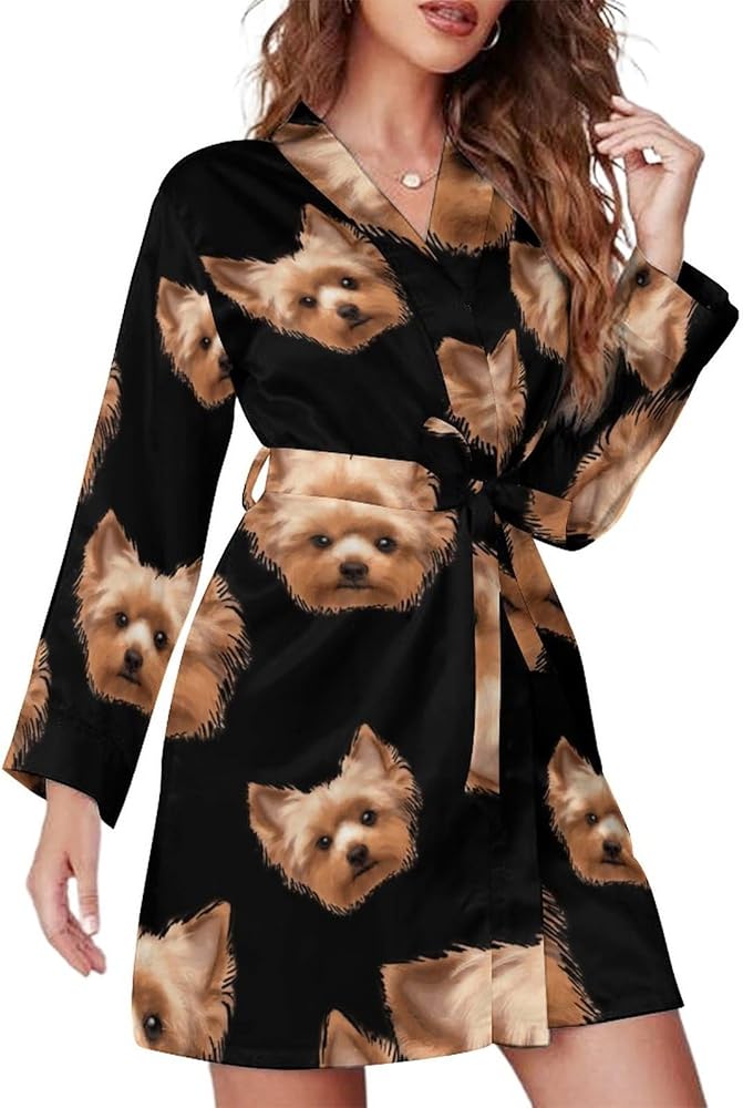 Yorkshire Terrier Cute Yorkie Dog Bath Robes Female Short Spa Bathrobe Long Sleeve Robe Attached Belt Knee Length Loungewear