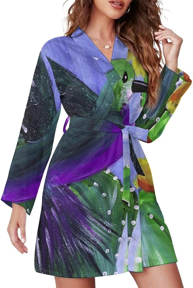 Paint Hummingbird Short Robes For Women With Belt Long Sleeve Womens Nightgown Soft Bathrobe Loungewear