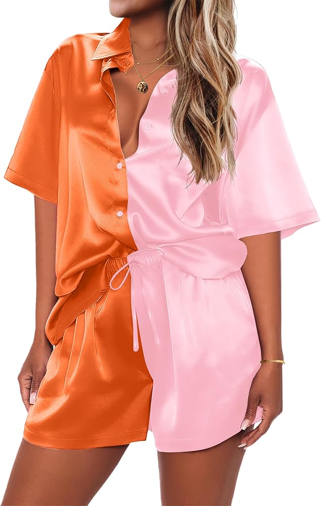 Ekouaer Pajamas for Women Silk Soft Sleepwear Short Sleeve Button Down Pjs Satin Top and Shorts 2 Piece Lounge Set S-XXL