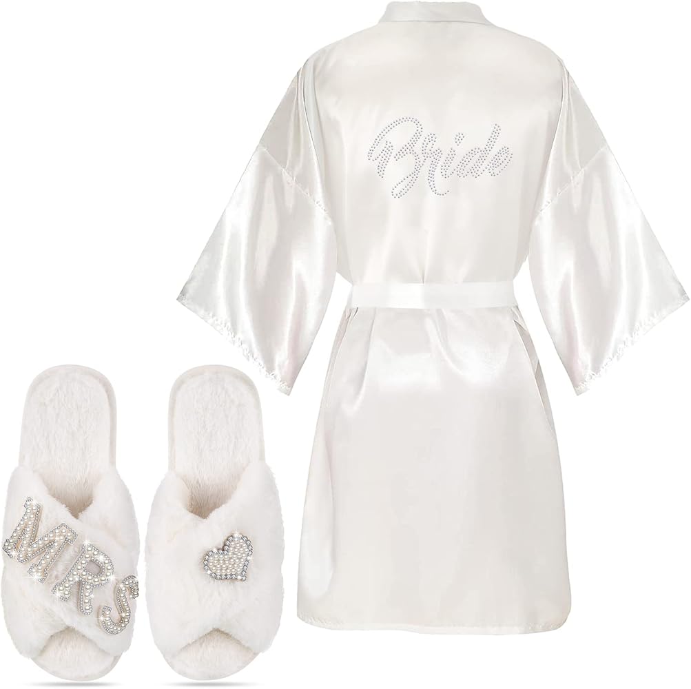 2 Pcs Bride Gifts Bride Robe with Slippers Satin Rhinestone Wedding Day Robe Slippers for Women Bridal Proposal Party