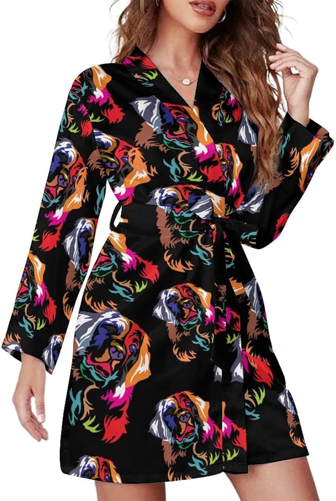 Colorful Bernese Mountain Dog Fashion Mini Womens Robe With Belt Soft Nightgown Long Sleeve Bathrobe Loungewear