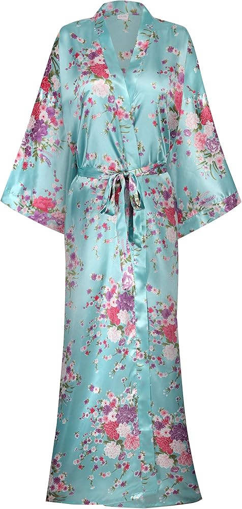 Women's Long Satin Robe Floral Kimono Dressing Gown Lightweight Sleepwear Bridal Party Bridesmaids Robes