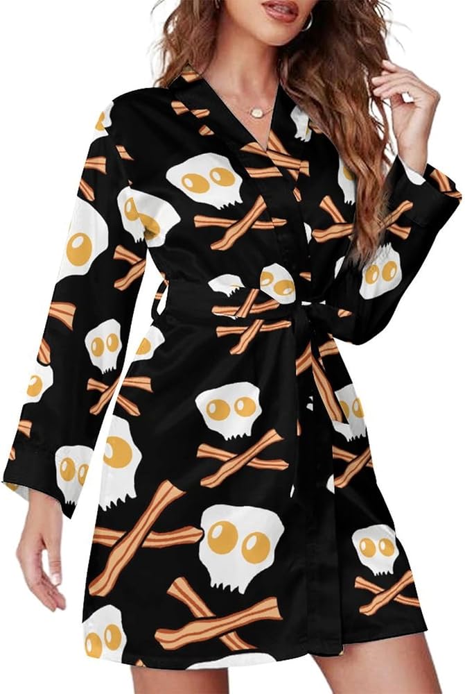 Skull with Egg And Crossed Bacon Fashion Mini Womens Robe With Belt Soft Nightgown Long Sleeve Bathrobe Loungewear
