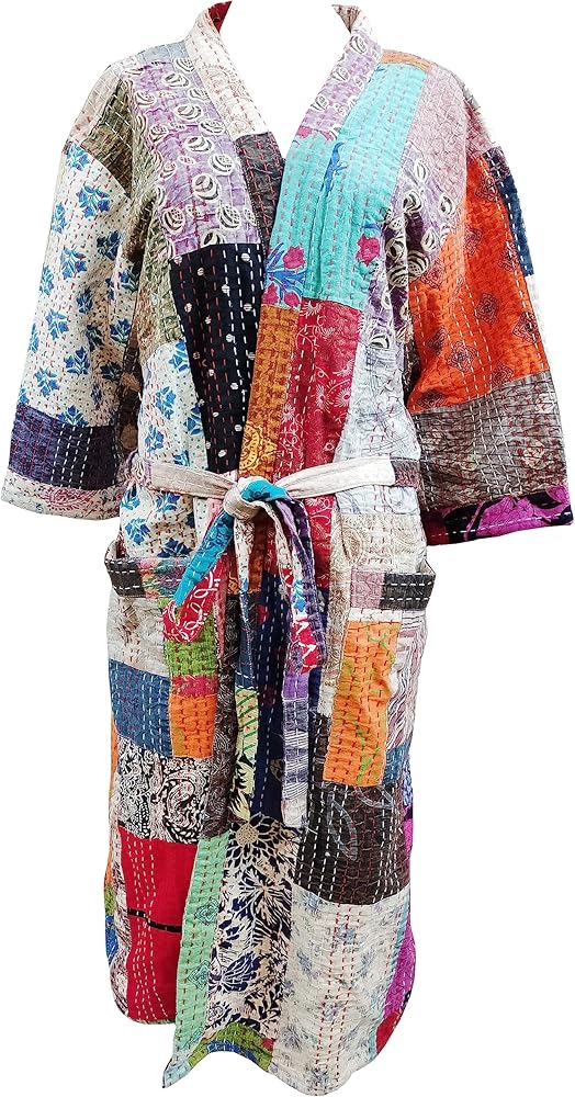Handmade 100% Cotton Hand Block Printed Kantha Patchwork Long Kimono Dress For Women Night Swim Wear Robes Kimono Dress
