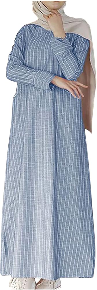Muslim Dresses for Women Robe Dress Islamic Ladies Conservative Abaya Dress Stripe Cotton Linen Dress Prayer Clothes