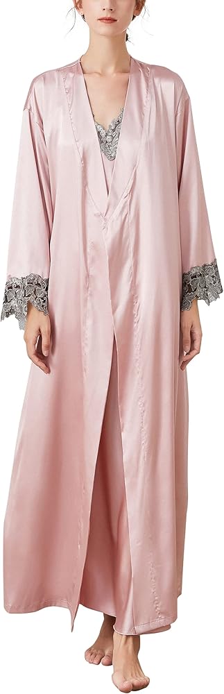 FEOYA Women's 2 Piece Satin Nightgown and Robe Sexy Silk Lace Pajamas Set Long V Neck Sleepwear for Ladies