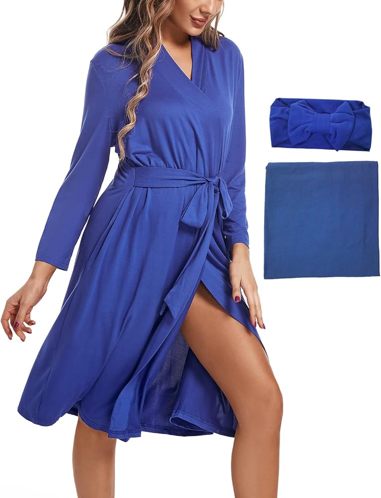 SUFEINI Maternity Robe with Matching Swaddle Blanket Set, Maternity Mommy Bathrobe Postpartum Robe Labor Gown