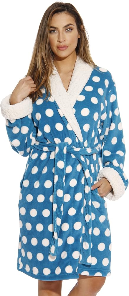 Just Love Sherpa Trim Plush Robe for Women - Polka Dot