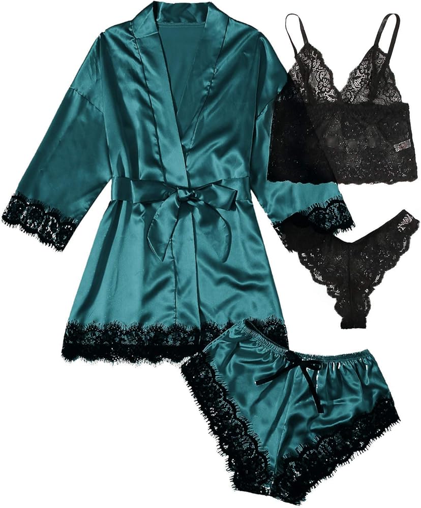 Women's 4pcs Sexy Sleepwear Silk Satin Pajamas Set Floral Lace Trim Cami Lingerie with Robe