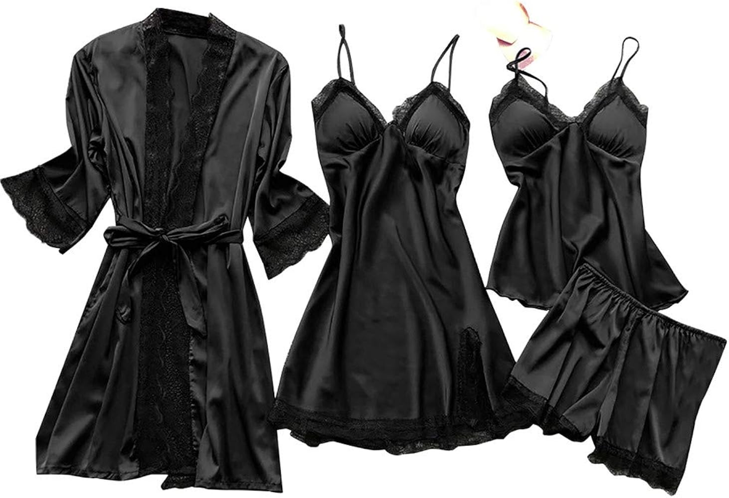 March Sale Big Spring Sale Womens 4PCS Silk Pajama Set Sexy Matching Satin Night Gowns Cute Lingerie Nighty Dress Silky Sleepwear Shorts S-5XL Lightning Deals of Today Prime Black