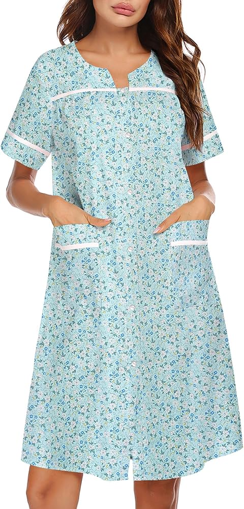 Ekouaer Sleepwear Womens Snap Front Nightgown Housecoat Cotton Duster Short Sleeve House Dress