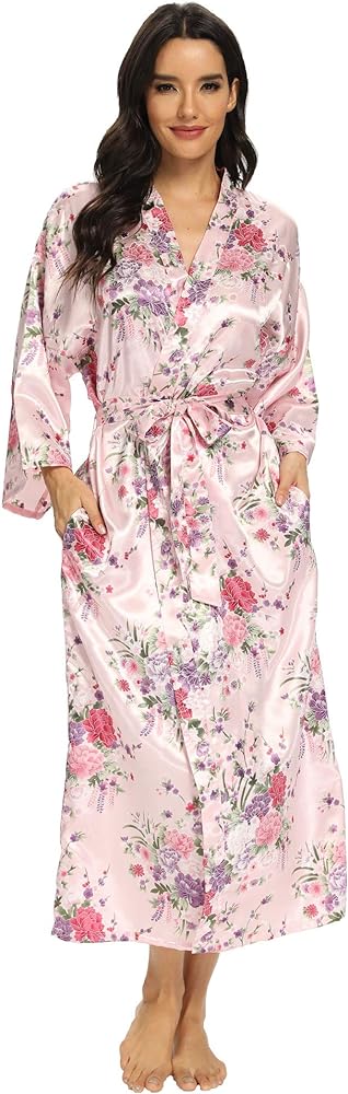 Women's Long Silk Robes Lightweight Long Satin Robes Full Length Sleepwear Dressing Gown